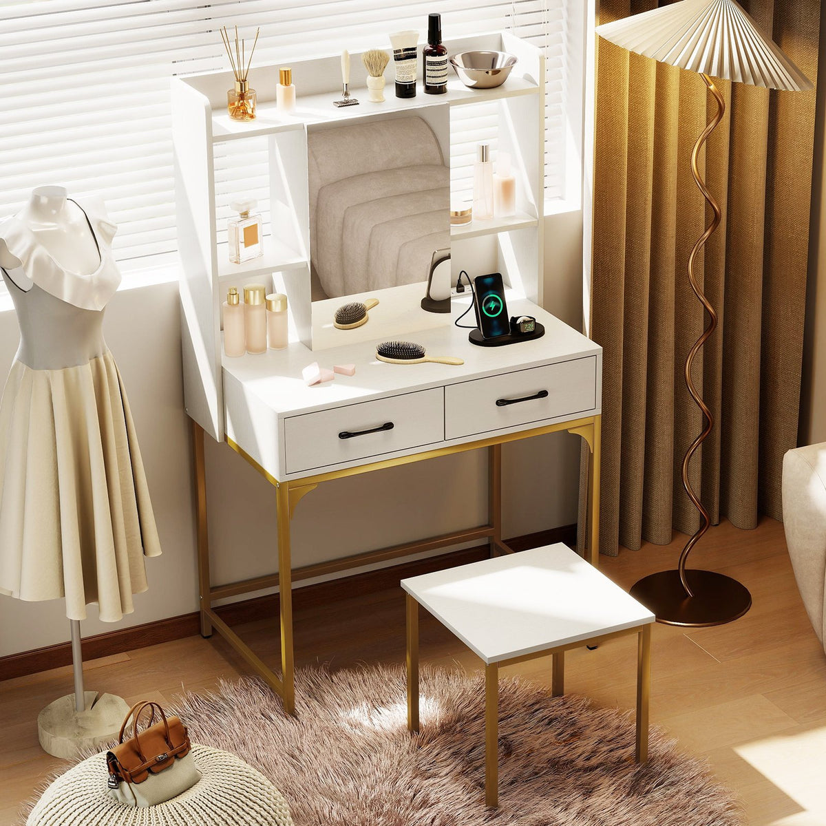 Vanity Desk with Storage Drawers and Charging Station-White view 2