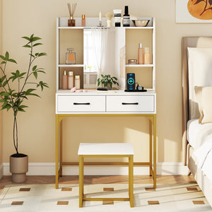 Vanity Desk with Storage Drawers and Charging Station-White view 3