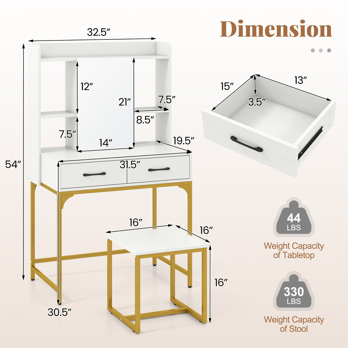 Vanity Desk with Storage Drawers and Charging Station-White view 5