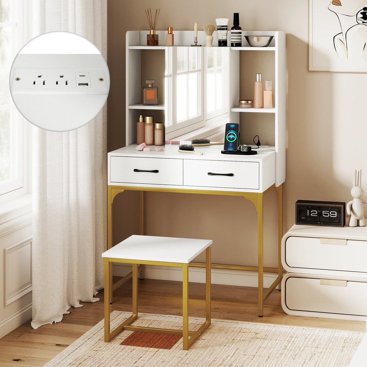 Vanity Desk with Storage Drawers and Charging Station-White view 7