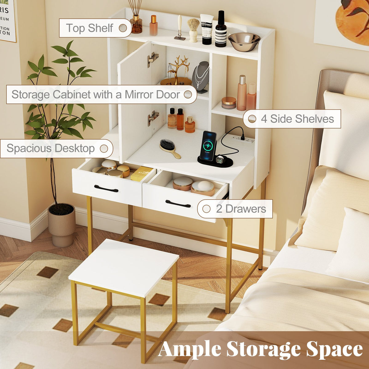 Vanity Desk with Storage Drawers and Charging Station-White view 8