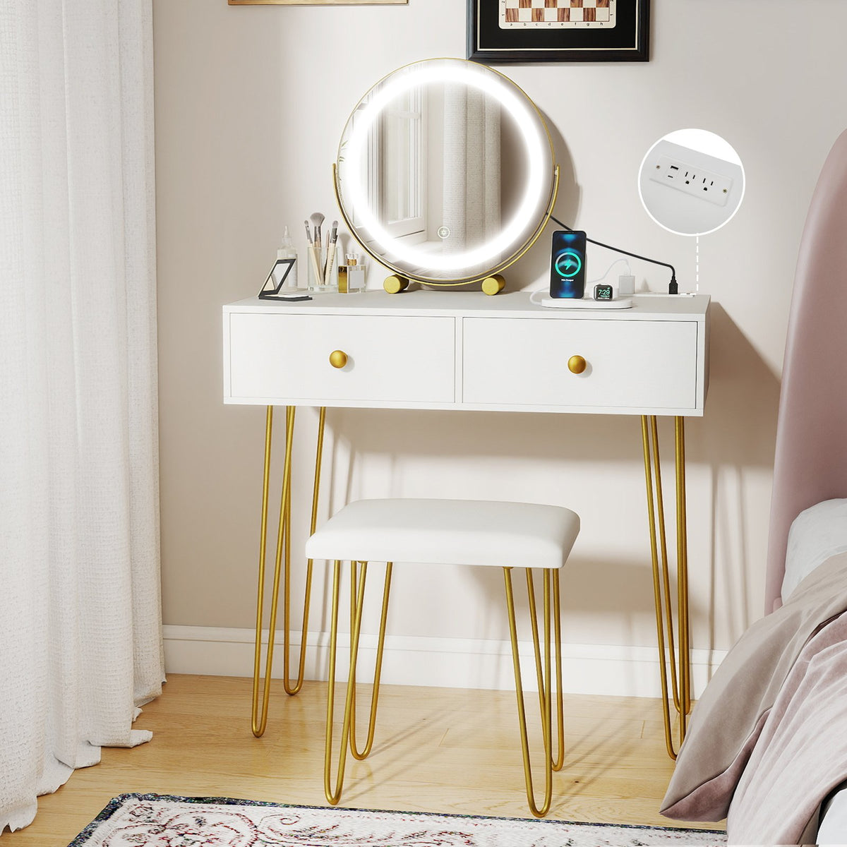 Vanity Desk with with Lighted Adjustable Mirror for Bedroom-White view 6