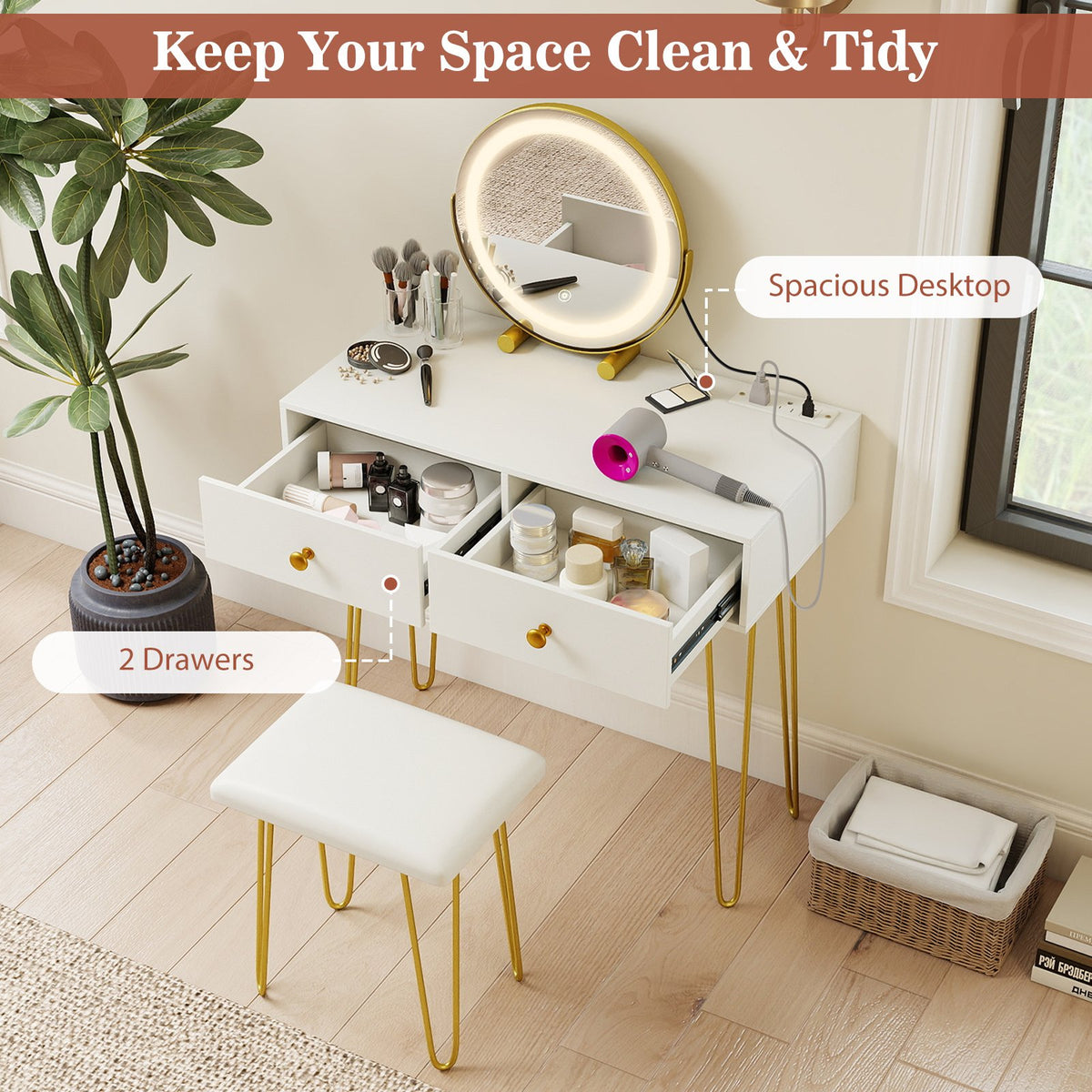 Vanity Desk with with Lighted Adjustable Mirror for Bedroom-White view 8