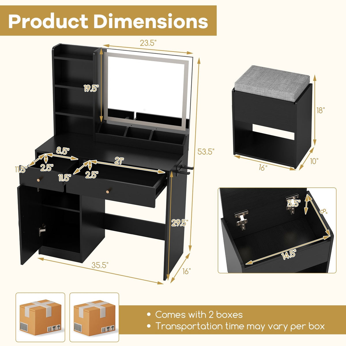 Vanity Dressing Table and Chair Set with Mirror and Lights-Black view 5