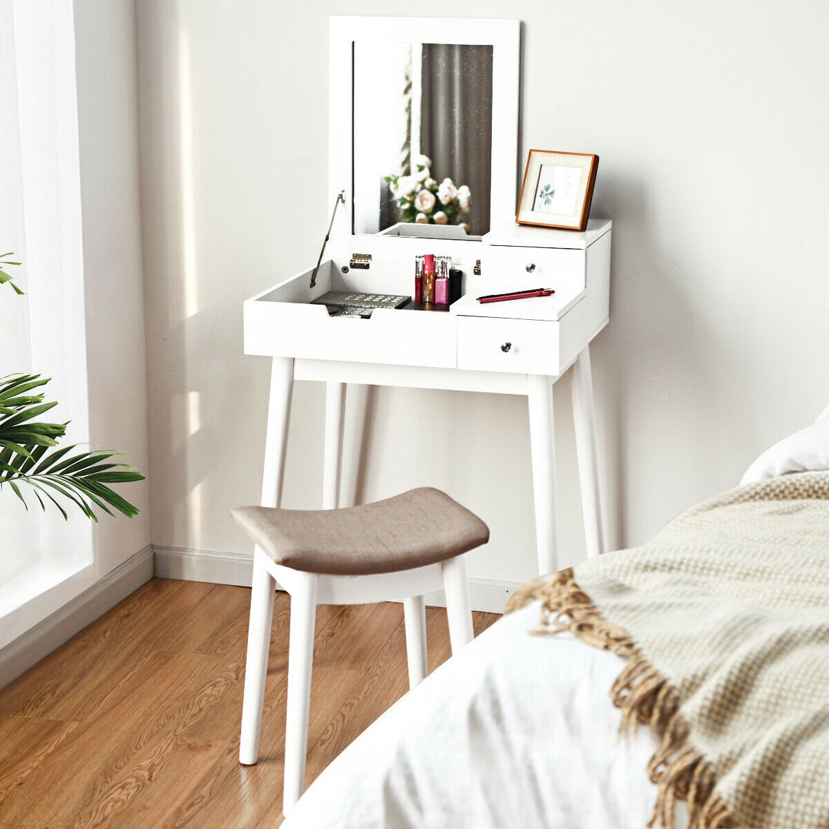 Vanity Dressing Table Set Flip Mirror Desk Furniture Stool view 2