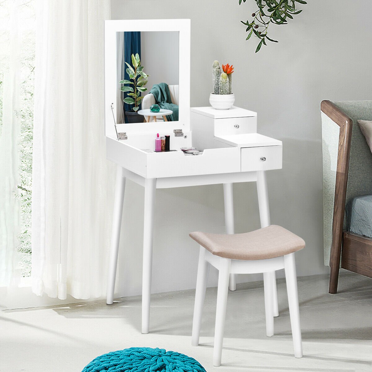 Vanity Dressing Table Set Flip Mirror Desk Furniture Stool view 3