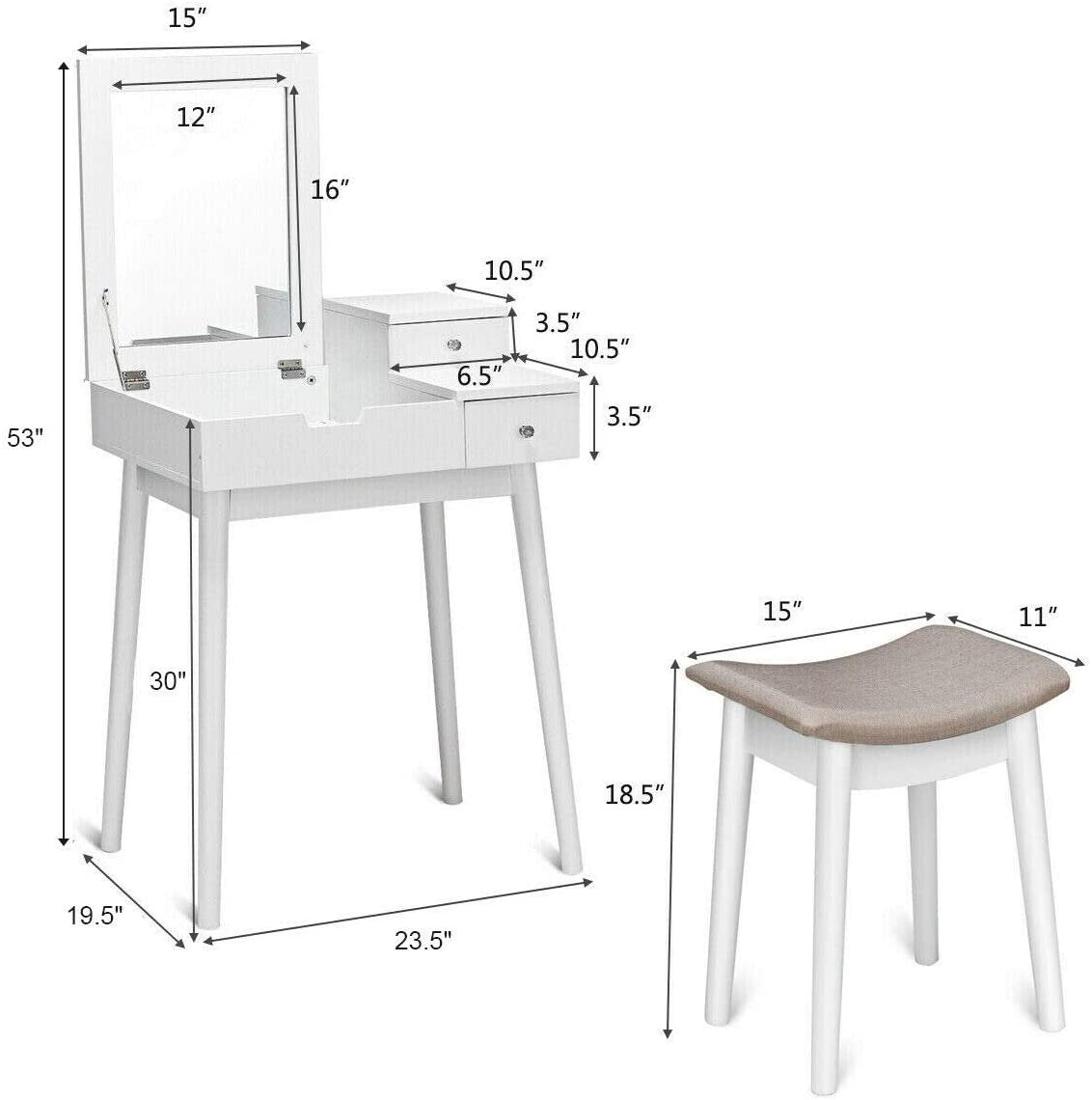 Vanity Dressing Table Set Flip Mirror Desk Furniture Stool view 5