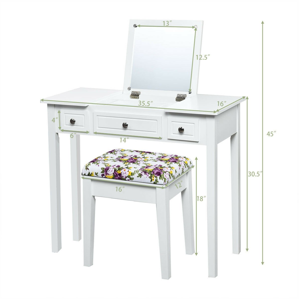 Vanity Dressing Table Set with Flip Top Mirror and 3 Drawers view 4