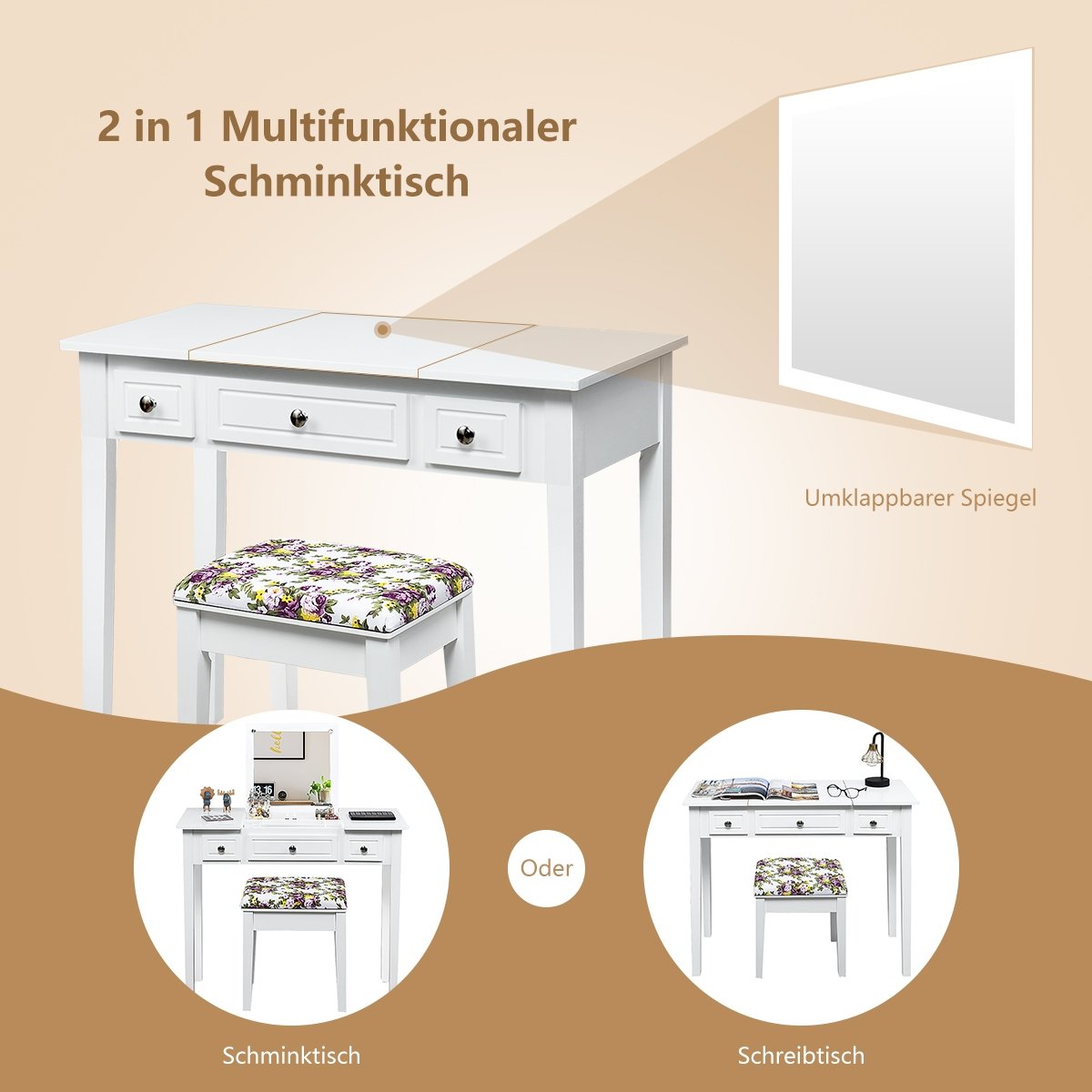 Vanity Dressing Table Set with Flip Top Mirror and 3 Drawers view 5