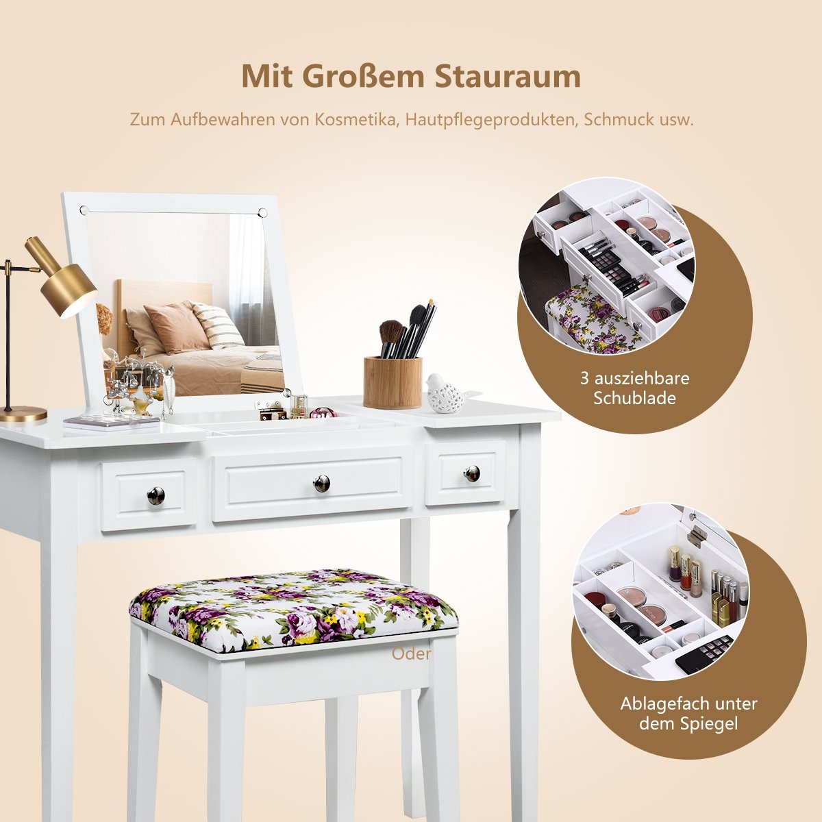 Vanity Dressing Table Set with Flip Top Mirror and 3 Drawers view 8