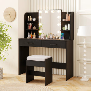 Vanity Set with Lighted Mirror and Stool with Power Outlet-Black view 2