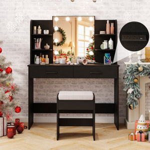 Vanity Set with Lighted Mirror and Stool with Power Outlet-Black view 5