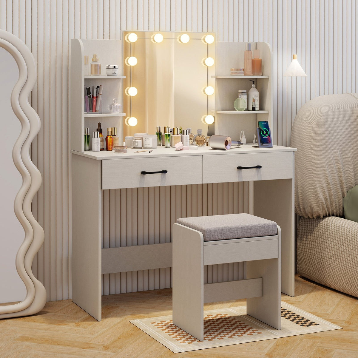 Vanity Set with Lighted Mirror and Stool with Power Outlet-White view 3