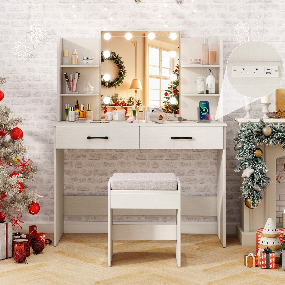 Vanity Set with Lighted Mirror and Stool with Power Outlet-White view 5
