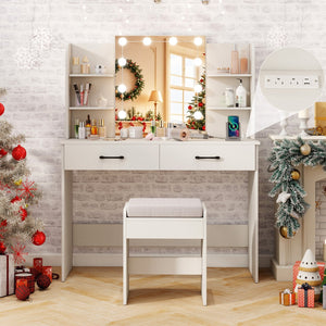 Vanity Set with Lighted Mirror and Stool with Power Outlet-White view 5