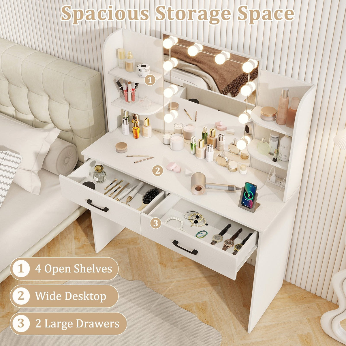 Vanity Set with Lighted Mirror and Stool with Power Outlet-White view 8