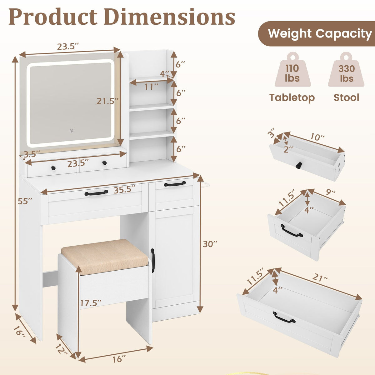 Vanity Set with Mirror and 3 Lighting Modes and Adjustable Brightness-White view 5