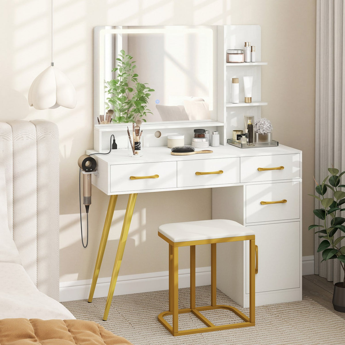 Vanity Set with Mirror and Lights and Table with Adjustable Brightness-White view 2