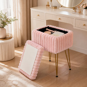 Vanity Stool with Storage and Reversible Lid Faux Fur Upholstered Ottoman-Pink view 2