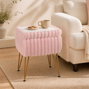 Vanity Stool with Storage and Reversible Lid Faux Fur Upholstered Ottoman-Pink view 3