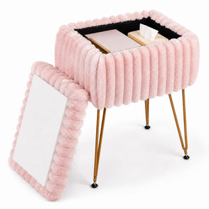 Vanity Stool with Storage and Reversible Lid Faux Fur Upholstered Ottoman-Pink view 4