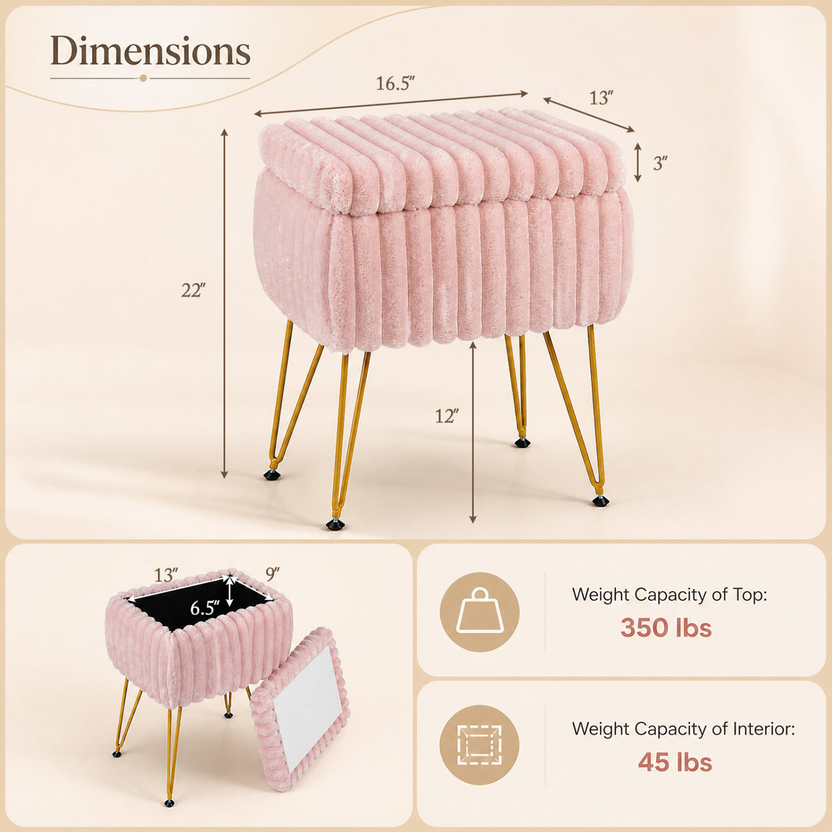Vanity Stool with Storage and Reversible Lid Faux Fur Upholstered Ottoman-Pink view 5