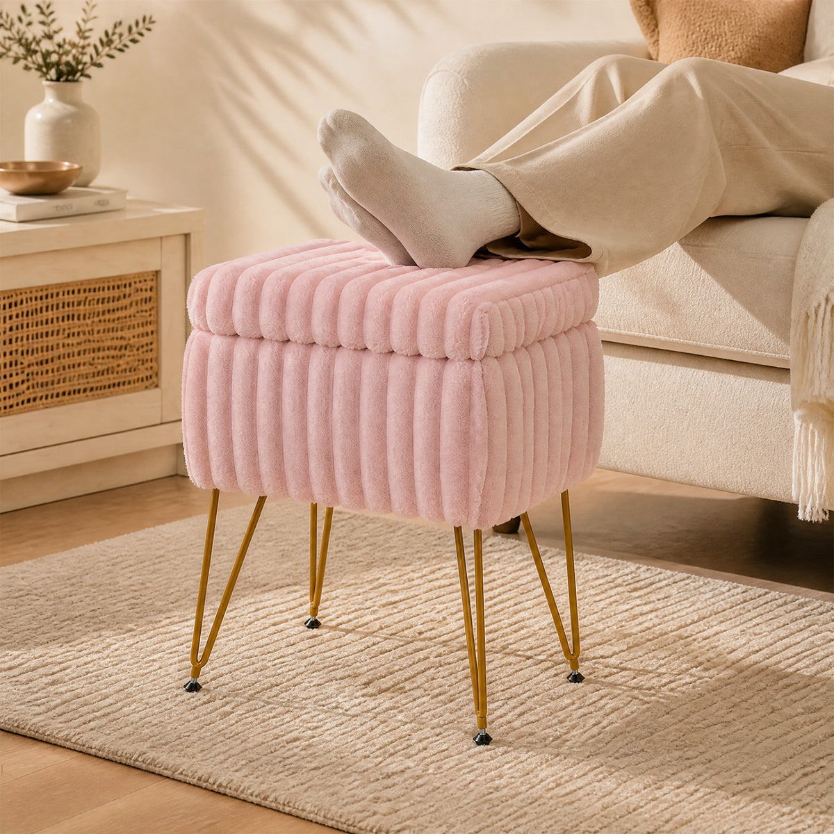 Vanity Stool with Storage and Reversible Lid Faux Fur Upholstered Ottoman-Pink view 6