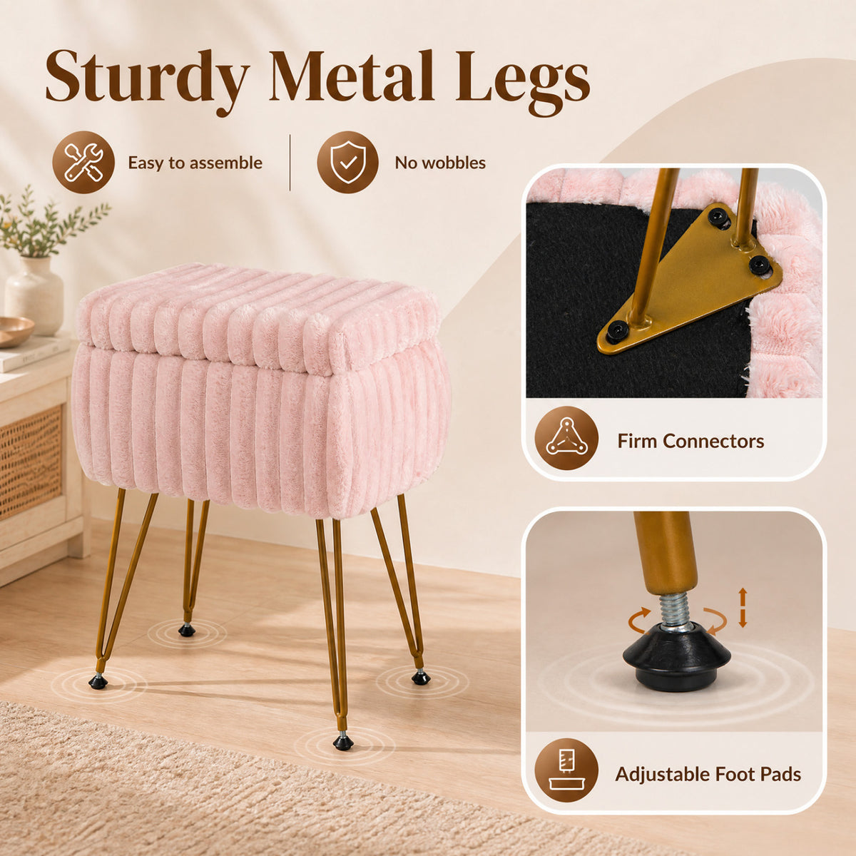 Vanity Stool with Storage and Reversible Lid Faux Fur Upholstered Ottoman-Pink view 8