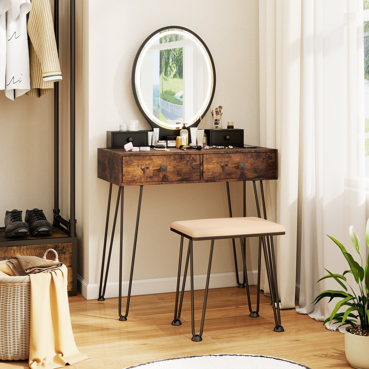 Vanity Table Set with 3-Color Lighted Dimmable Mirror-Brown view 2