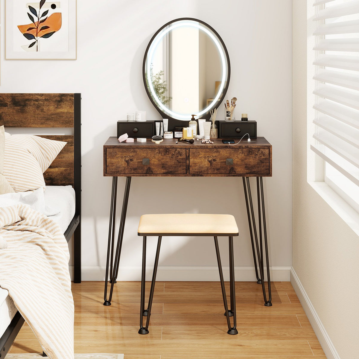 Vanity Table Set with 3-Color Lighted Dimmable Mirror-Brown view 3