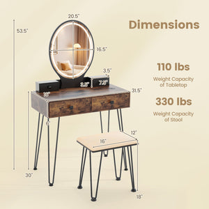 Vanity Table Set with 3-Color Lighted Dimmable Mirror-Brown view 5