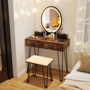 Vanity Table Set with 3-Color Lighted Dimmable Mirror-Brown view 8