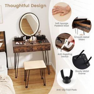 Vanity Table Set with 3-Color Lighted Dimmable Mirror-Brown view 9