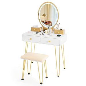 Vanity Table Set with 3-Color Lighted Dimmable Mirror-White view 4