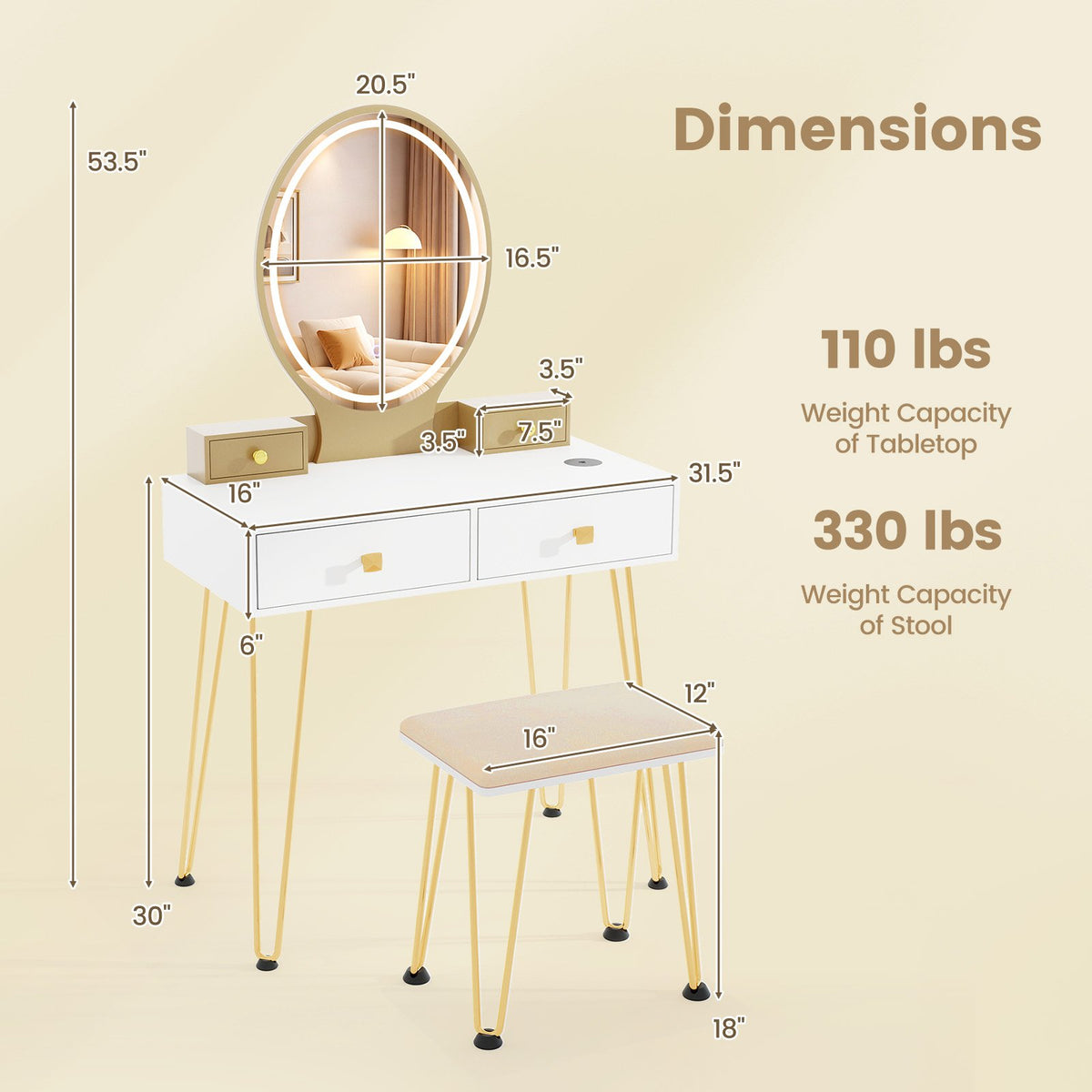 Vanity Table Set with 3-Color Lighted Dimmable Mirror-White view 5