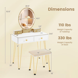 Vanity Table Set with 3-Color Lighted Dimmable Mirror-White view 5