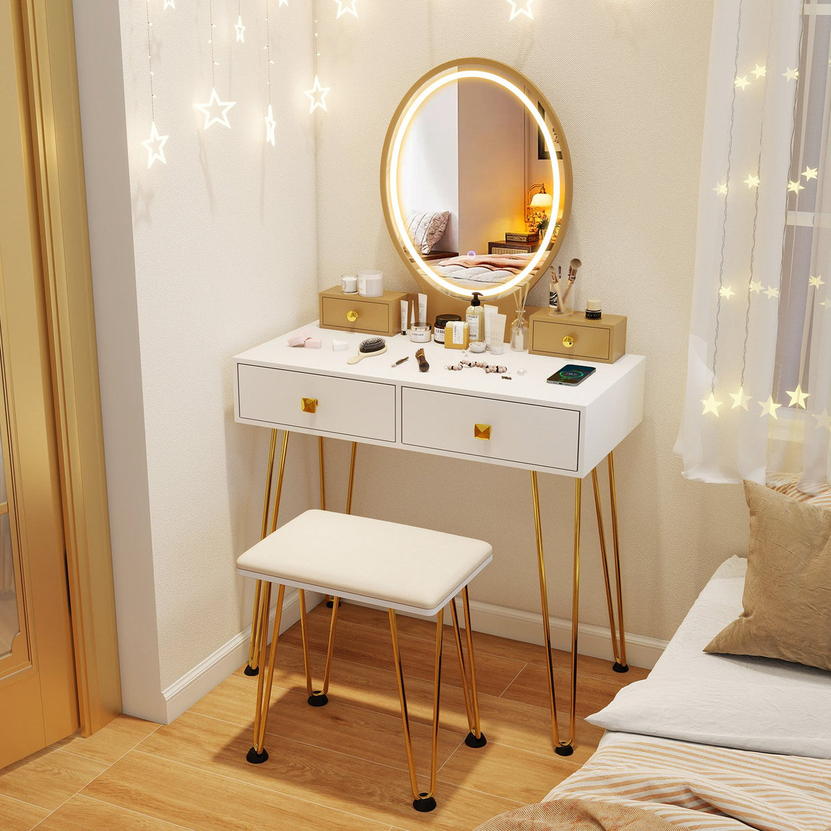 Vanity Table Set with 3-Color Lighted Dimmable Mirror-White view 6