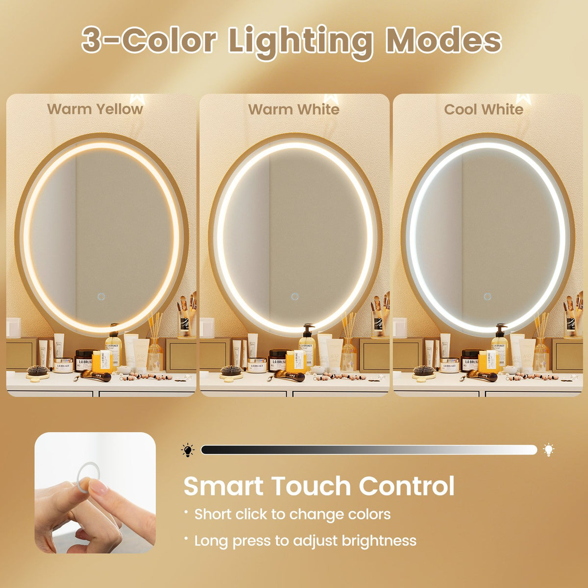 Vanity Table Set with 3-Color Lighted Dimmable Mirror-White view 7