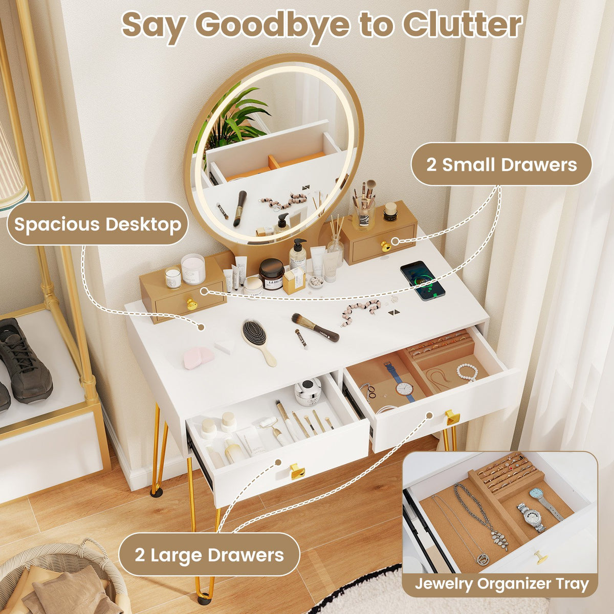 Vanity Table Set with 3-Color Lighted Dimmable Mirror-White view 8