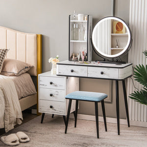 Vanity Table Set with 3-Color Lighted Mirror and Cushioned Stool-White view 2
