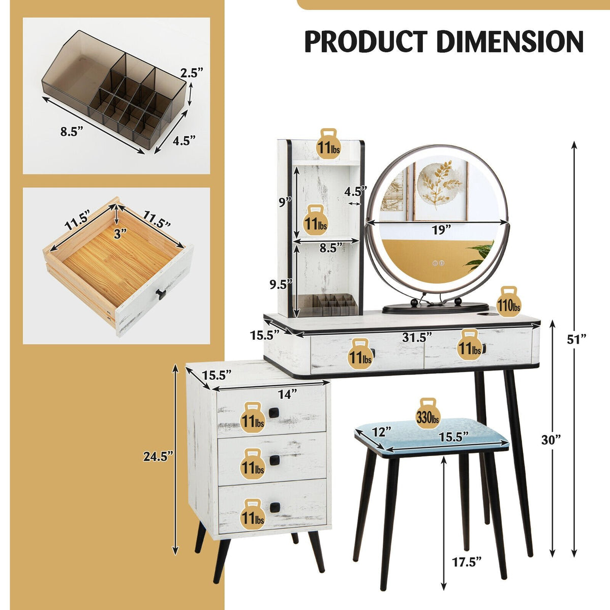 Vanity Table Set with 3-Color Lighted Mirror and Cushioned Stool-White view 4