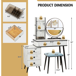 Vanity Table Set with 3-Color Lighted Mirror and Cushioned Stool-White view 4
