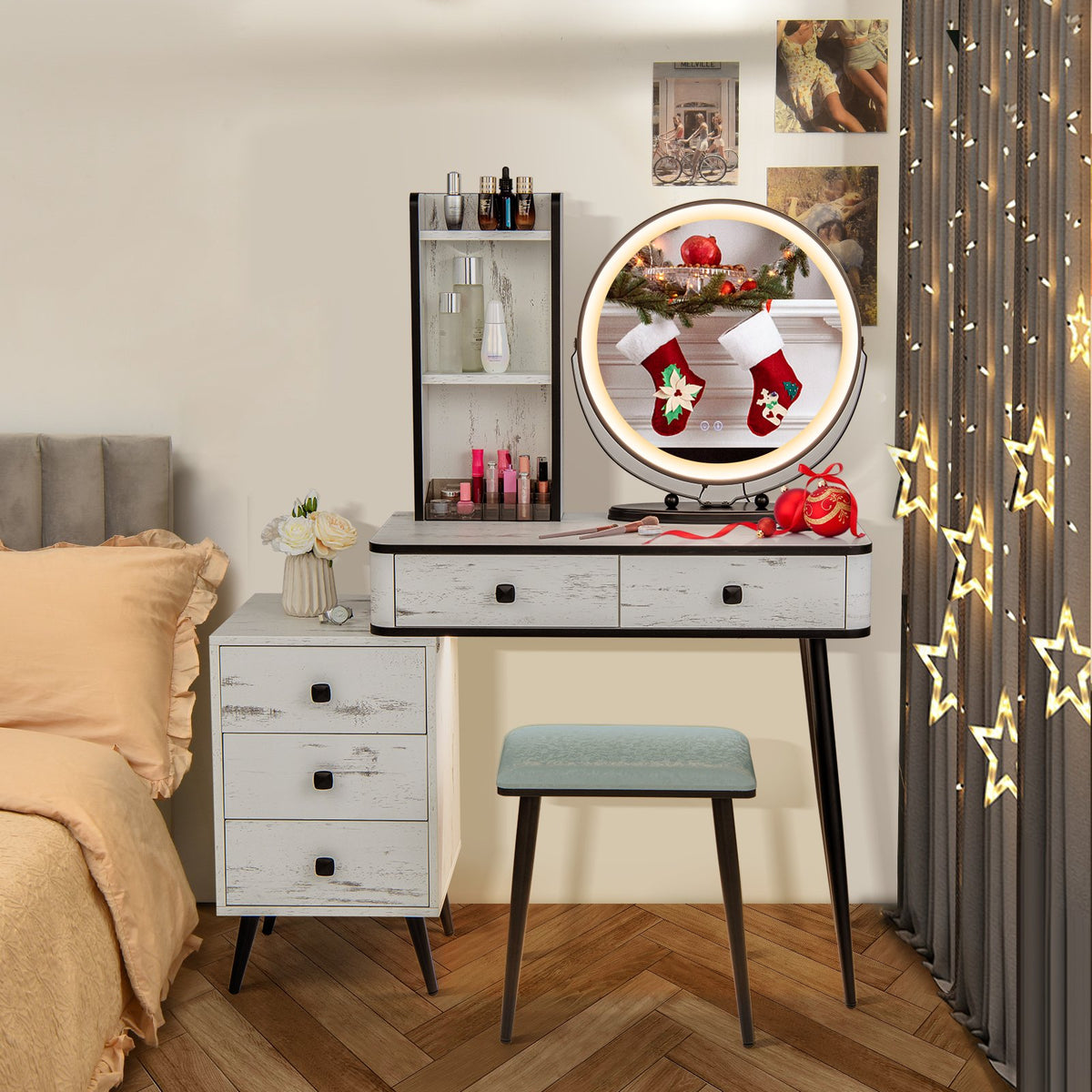 Vanity Table Set with 3-Color Lighted Mirror and Cushioned Stool-White view 6