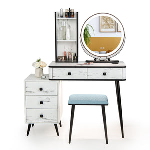 Vanity Table Set with 3-Color Lighted Mirror and Cushioned Stool-White view 7
