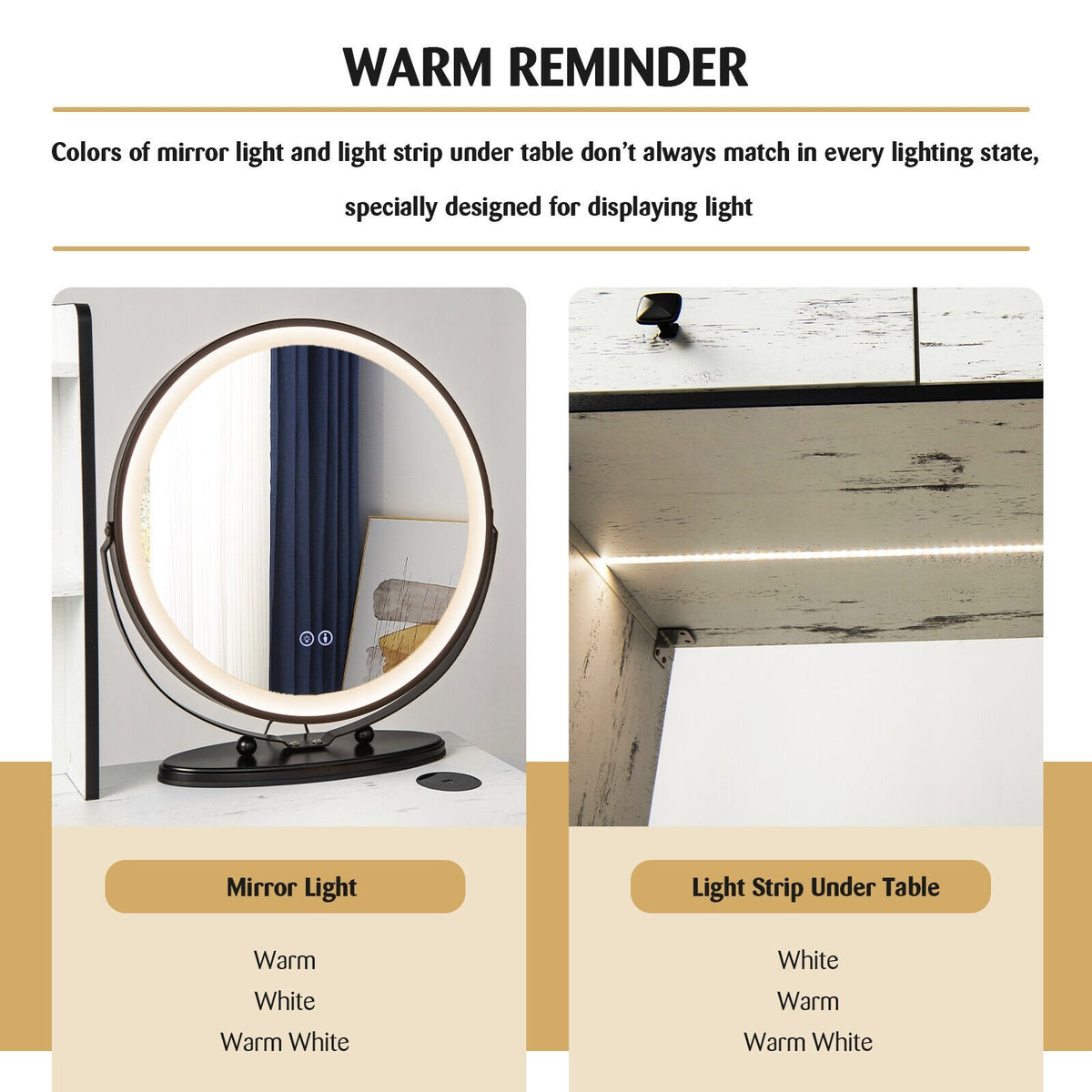 Vanity Table Set with 3-Color Lighted Mirror and Cushioned Stool-White view 9