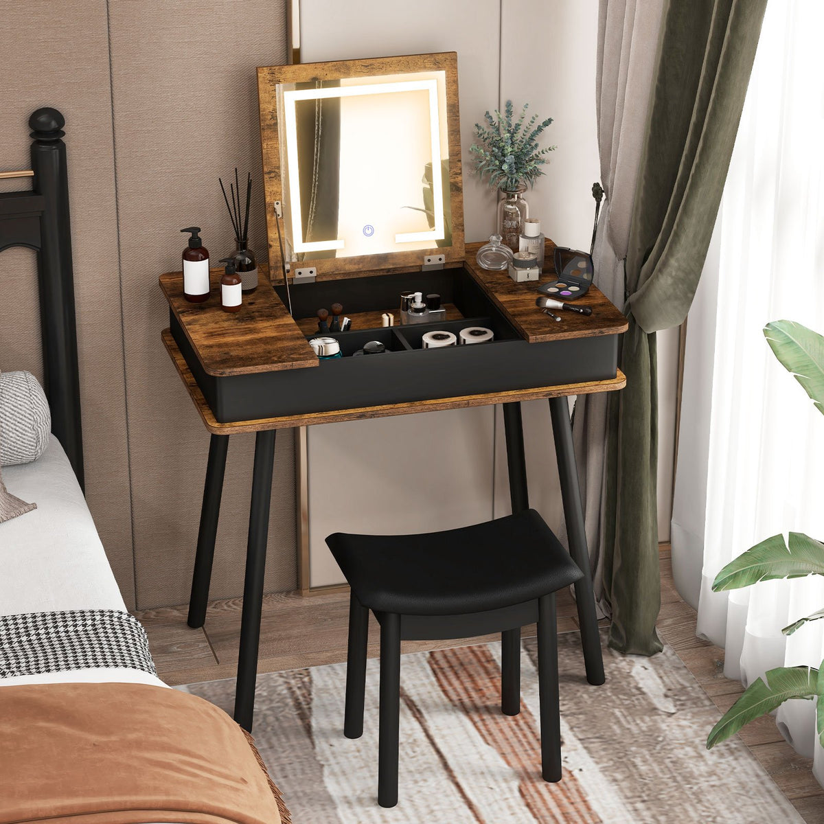 Vanity Table Set with Flip Top Mirror Lights USB Writing Desk and Stool-Brown view 2