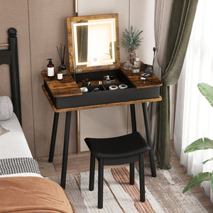 Vanity Table Set with Flip Top Mirror Lights USB Writing Desk and Stool-Brown view 2