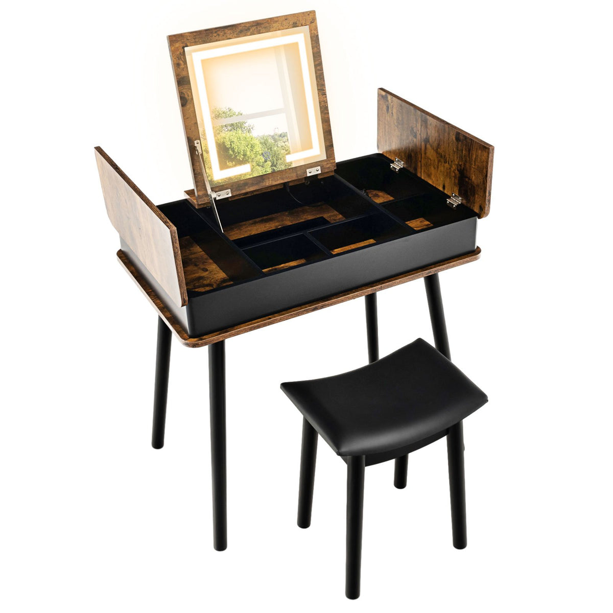 Vanity Table Set with Flip Top Mirror Lights USB Writing Desk and Stool-Brown view 4