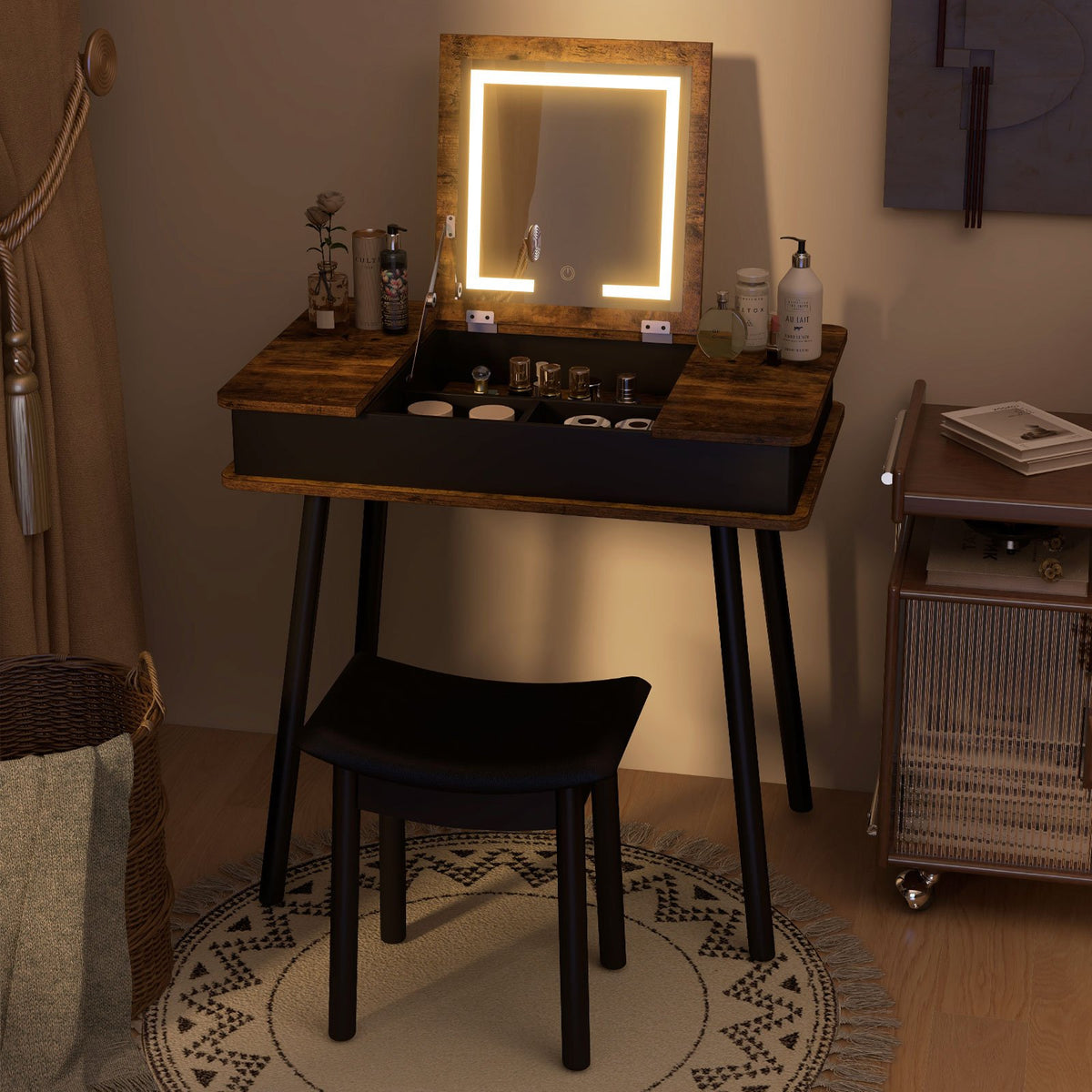 Vanity Table Set with Flip Top Mirror Lights USB Writing Desk and Stool-Brown view 6