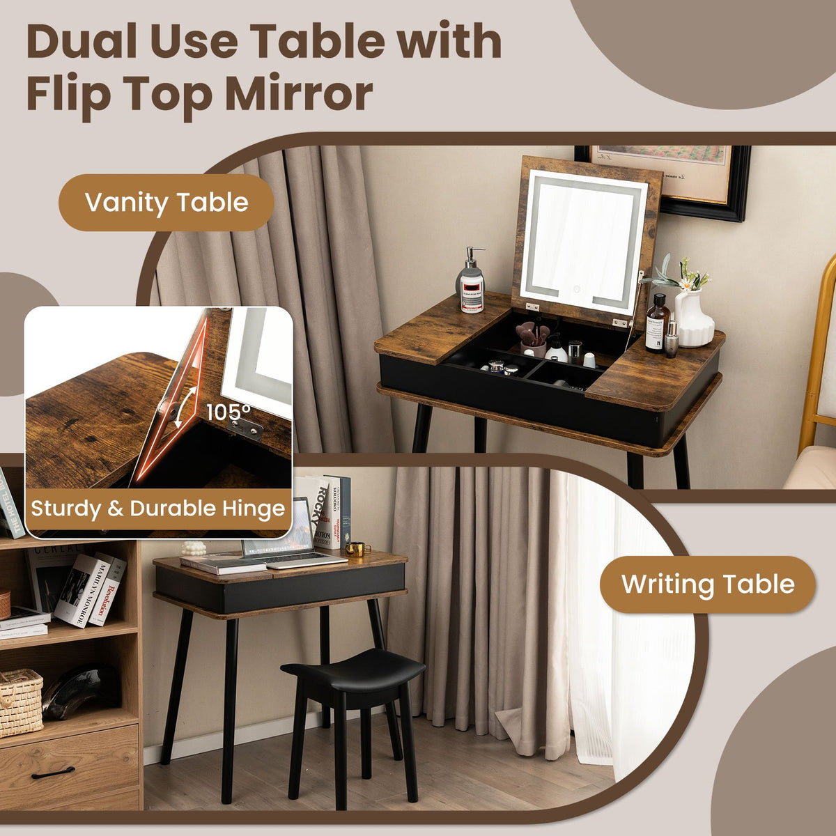 Vanity Table Set with Flip Top Mirror Lights USB Writing Desk and Stool-Brown view 7